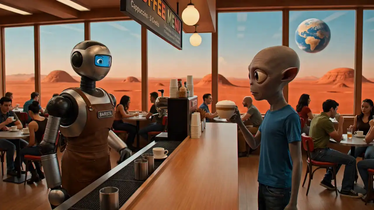 hailuo 3.0 video gallery poster: Mars Hipster Coffee Shop